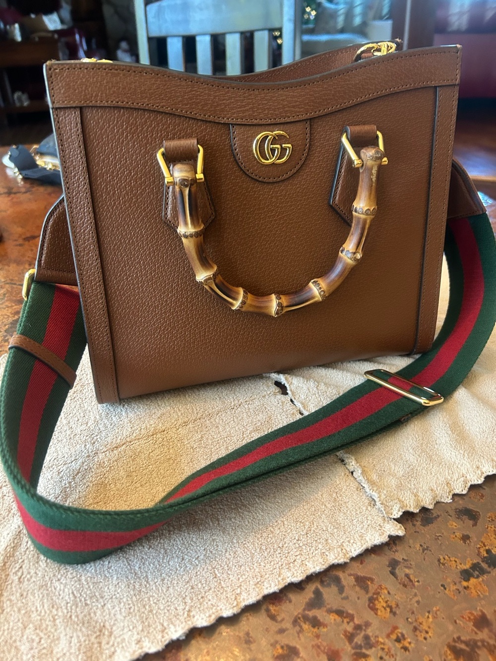 Gucci Brown Leather Bamboo-Handle Satchel with Green-Red Web Strap